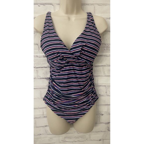 Nip tuck Swim One piece Swimsuit Multi Cup‎ USA Sz 8 Red Blue Striped Slimming - Picture 1 of 8